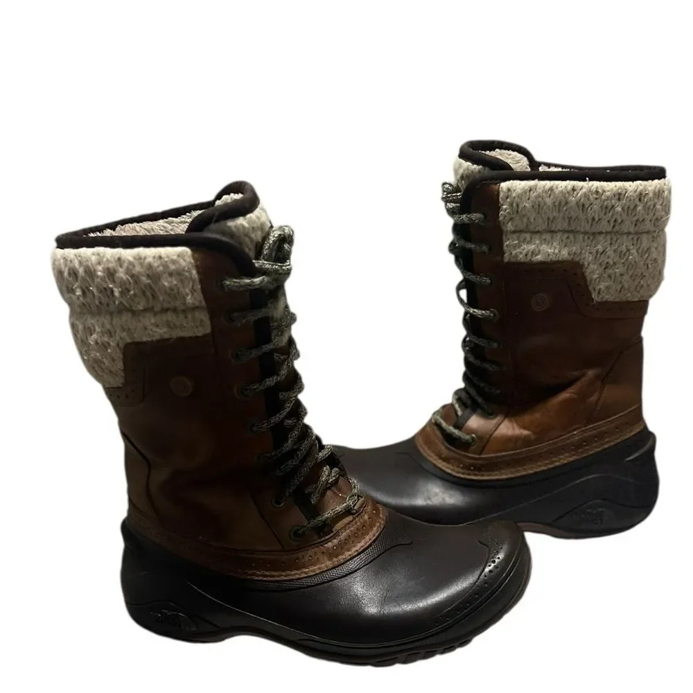 The North Face Shellista II Mid Calf Waterproof Snow Boots 9 Brown Cable Knit